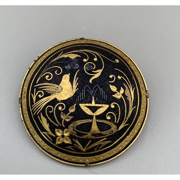Damascene Jewelry - Vintage Spanish Damascene Brooch Bird And Fountain Design